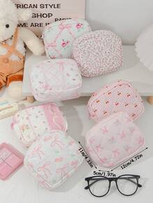 1 Pc Mini Floral Print Coin Purse Cute Cherry Pattern Makeup Pouch Portable Lipstick Storage Bag Soft Fabric Sanitary Pad Storage Bag Girly Wallet Purse Foam Quilted Make Up Bag Small Items Organizer Bag Charger Organizer Bag Headphone Organizer Bag Pink Bow Knot Travel Cosmetics Bag Mini Bag Coin Purse Napkin Pouch For Girl Purse Essentials Perfect Gift For Back To School Birthday Gifts Gifts Dorm Supplies School Supplies