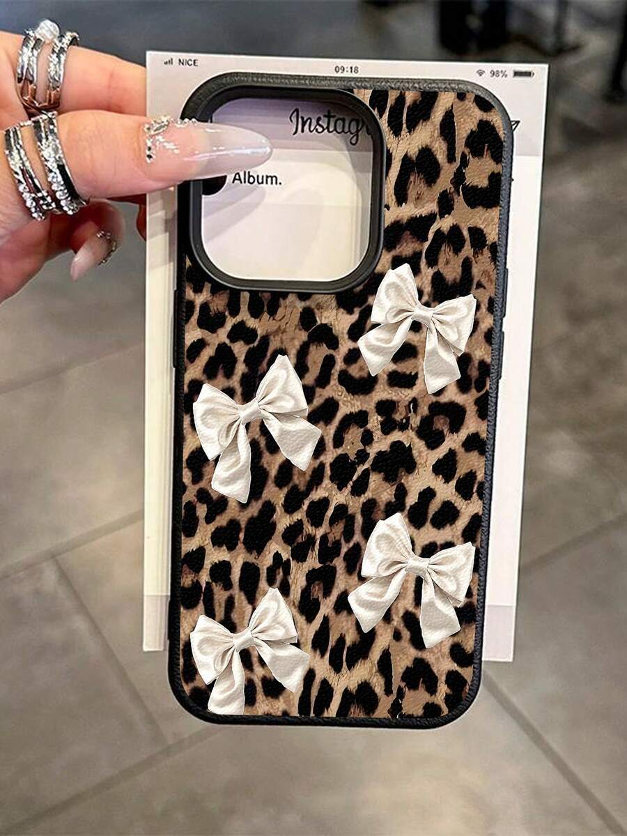 1 pieza Funda de teléfono suave, a prueba de caídas y antideslizante con estampado vintage de leopardo, patrón de corazón de cereza y textura de litchi, compatible con Apple y otros teléfonos, resistente al agua, a los golpes y a los arañazos - Multicolor - Ver 1