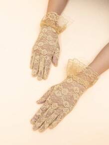 1 双女士性感时尚深色哥特式玫瑰蕾丝手套，适合派对礼服