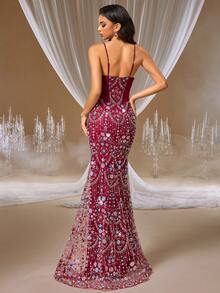 GIFORU Luxury Wine Red Sequin Spaghetti Strap Beaded Mermaid Dress, Fitted Silhouette, New Bride Wedding Gown, Formal Prom Gown, Women's Occasion Dress For Wedding, Party, Birthday - Hot Pink - View 4