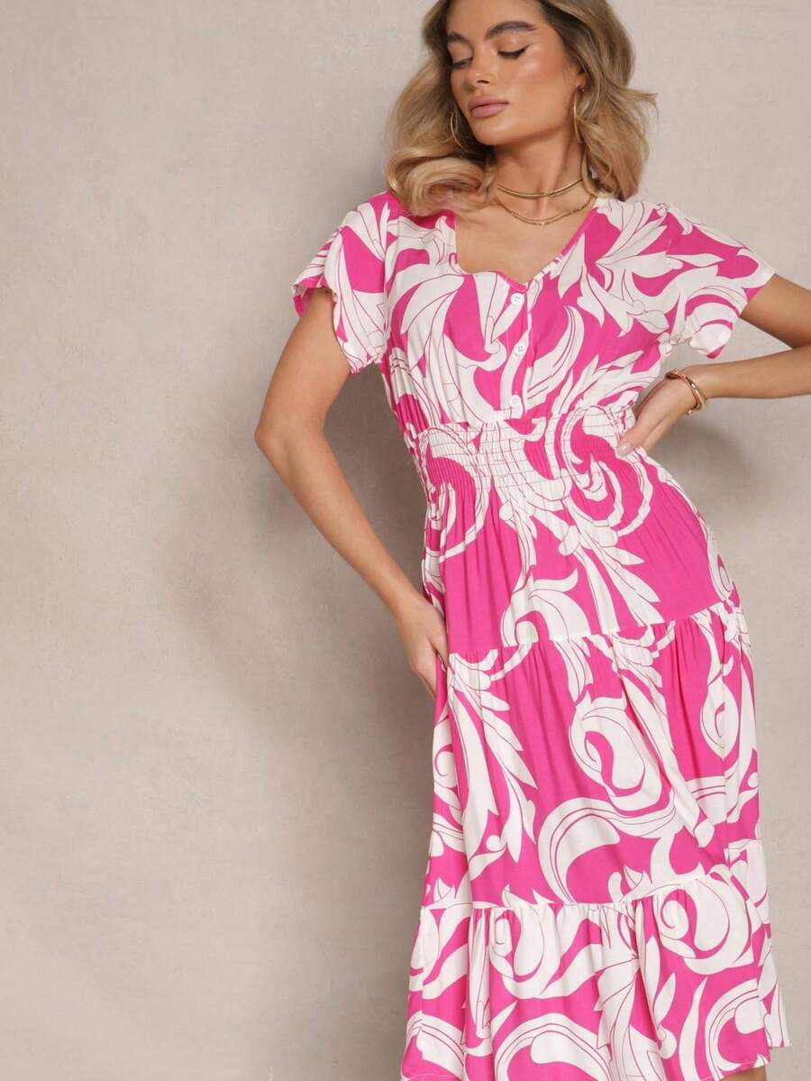 Váy cotton trang trí nút và họa tiết hình học - Hồng - Xem 1