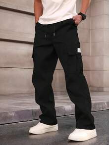 1 件男士多口袋工装裤，宽松版型，白色标签装饰，适合海滩、日常通勤、运动、户外的休闲裤，宽松直筒裤，时尚街头服饰，送给男朋友/丈夫的礼物，纪念礼物 - 黑色 - 查看 1