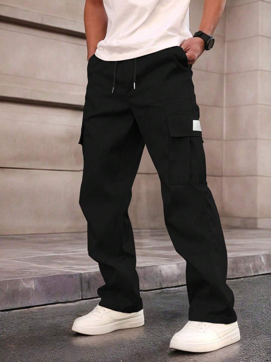 1 件男士多口袋工装裤，宽松版型，白色标签装饰，适合海滩、日常通勤、运动、户外的休闲裤，宽松直筒裤，时尚街头服饰，送给男朋友/丈夫的礼物，纪念礼物 - 黑色 - 查看 1