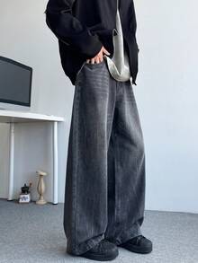 1pc Fashionable Distressed Loose Fit Casual Jeans For Men, Wide Leg Denim Pants (No Belt & Accessories) - Xám - Xem 4