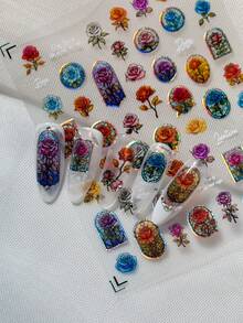 1 Stück Blumen Nail Art Aufkleber, geprägtes Muscheldesign mit Glanz, handbemalte Rosen, mit mehrfarbigen Rosen, Pfingstrosen und europäischen Architektur Fenstermustern, geeignet für persönliches DIY und Nagelstudios Nägel Nagelbedarf Nagelaufkleber - Verschiedenfarbig - Übersicht 3