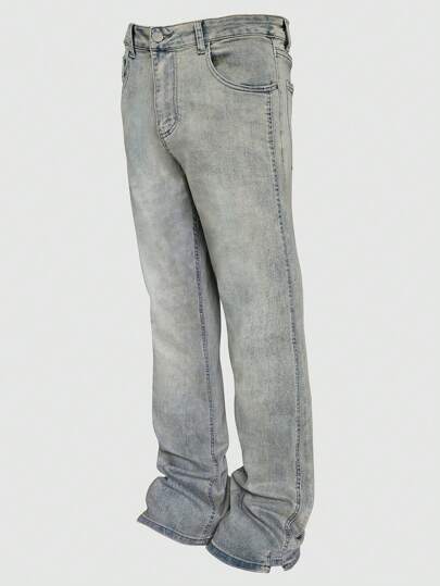 Street Style Casual Flared Jeans, Distressed Wash Finish, Flare Leg Design, Versatile All-Match Straight Leg Casual Pants With Button & Zipper, Suitable As Gift For Husband Or Boyfriend