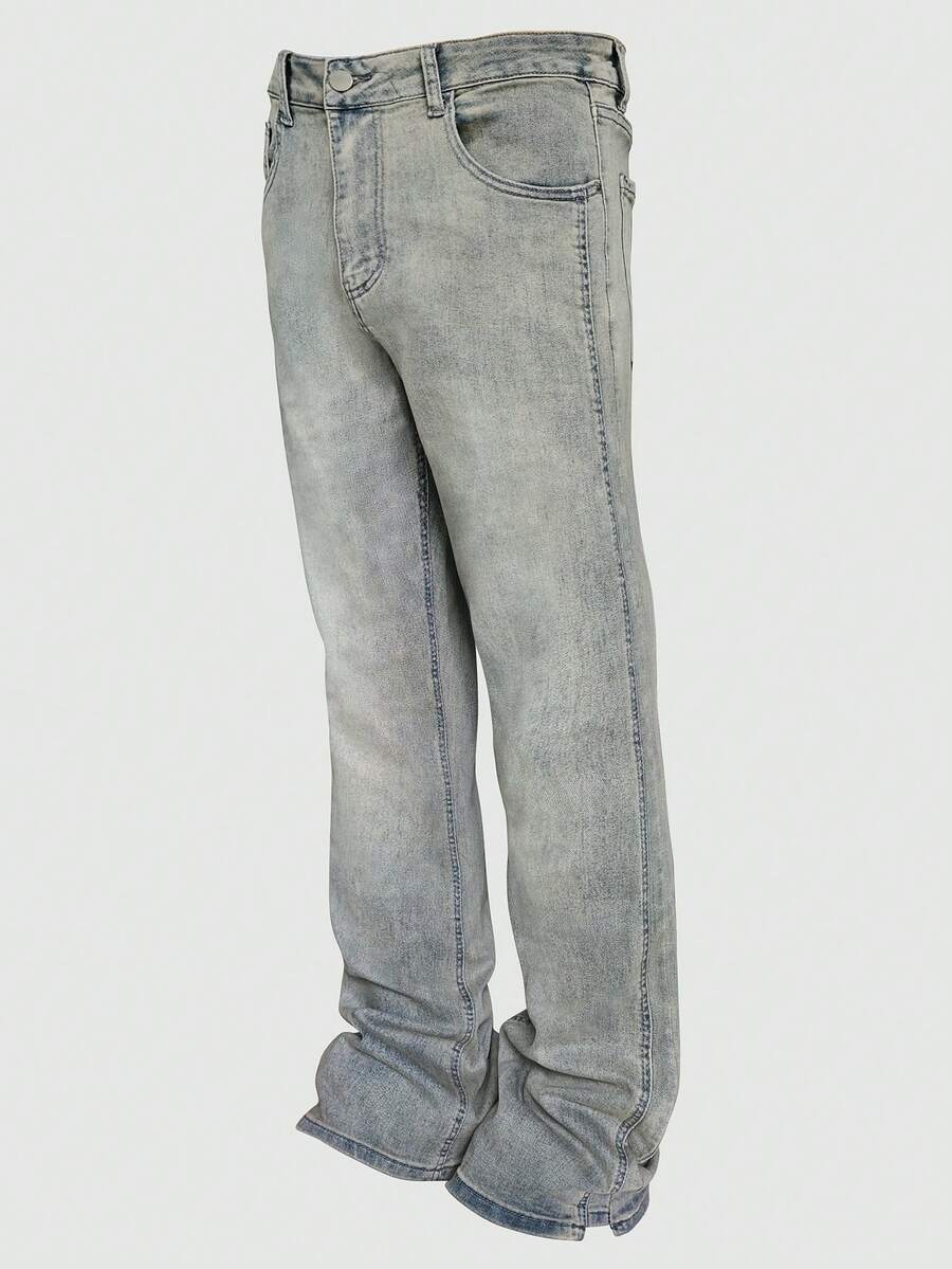 Quần jeans ống loe phong cách đường phố, kiểu dáng đơn giản, thiết kế ống loe, quần ống đứng đa năng, có nút và khóa kéo, thích hợp làm quà tặng cho chồng hoặc bạn trai - Màu xanh lam - Xem 1