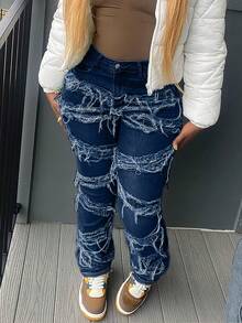 Y2K 90年代复古街头风修身喇叭牛仔裤，斜插口袋，高弹面料，做旧毛边裤脚，独特流苏设计，拼接嘻哈派对夜店风牛仔裤，秋季女装 - 原布藍 - 查看 3