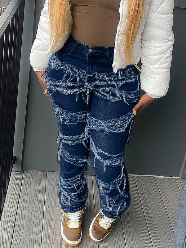 Y2K 90s Vintage Street Skinny Flare Jeans Slant Pockets High Stretchy Distressed Raw Frayed Unique Tassel Design Patchwork Hip Hop Party Club Denim Pants Fall Clothes For Women