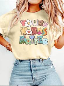 Speech Therapy  Graphic Printed Casual Round Neck Short Sleeve T-Shirt Women's Summer Tops - 杏色 - 查看 1