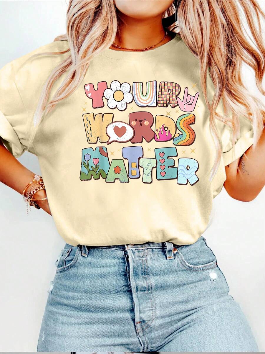 Speech Therapy  Graphic Printed Casual Round Neck Short Sleeve T-Shirt Women's Summer Tops - 杏色 - 查看 1