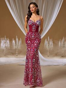 GIFORU Luxury Wine Red Sequin Spaghetti Strap Beaded Mermaid Dress, Fitted Silhouette, New Bride Wedding Gown, Formal Prom Gown, Women's Occasion Dress For Wedding, Party, Birthday - Hot Pink - View 10