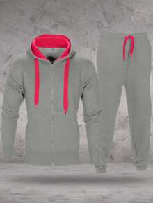 LoveMyFashions Men's 2pcs Set Tracksuit Full Sleeve Solid Color Drawstring Waist Zip Up Hoodie & Sweatpants Two Pieces Set With Pockets - Khaki/Red - View 4