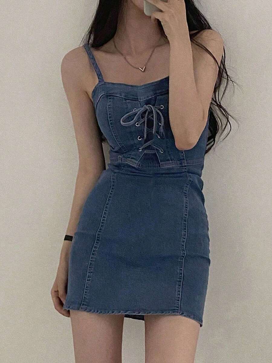 修身性感牛仔吊带裙，简约时尚，适合夏季 - 藍色 - 查看 1