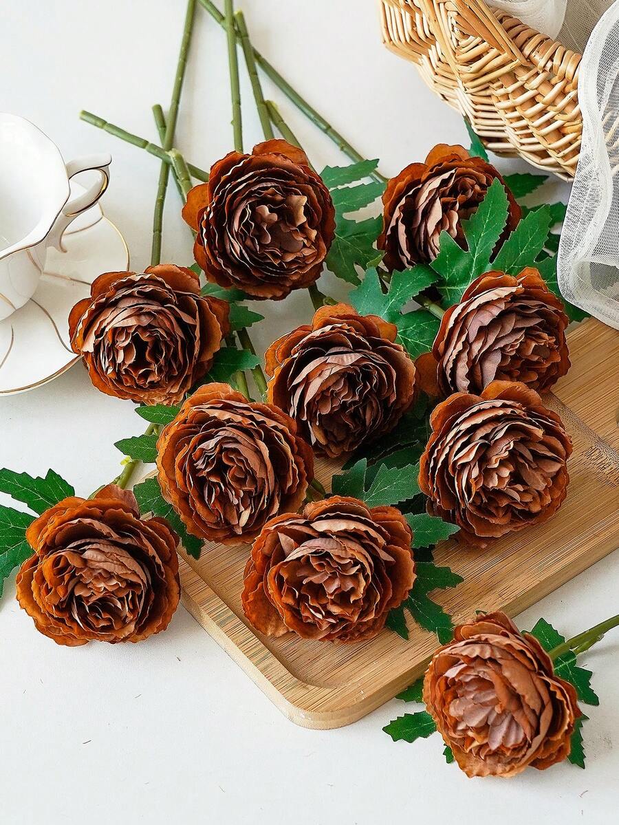 12/20 件仿真牡丹花假牡丹花茎仿牡丹花散装逼真牡丹插花秋季装饰婚礼装饰派对家居餐桌中心装饰 - 咖啡棕 - 查看 1