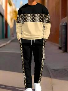 2pcs Men Gradient Color Print Crew Neck Sportswear, Casual Sweatshirt And Pants Set, Suitable For Outdoor And Sports,Fall Clothes