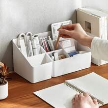1pc Desktop Storage Box, Home Office Cosmetic Plastic Box, Multifunctional Organizing Storage Box, Remote Control Storage Box - Grey - View 3