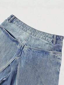 GLOURI Barrel Jeans For Women, Baggy Jeans - 2 In 1 High Waist Vintage Washed Denim With Faux Two-Layer Overlay Design & Side Zipper | Urban Explorer Pants For Weekend Street Style - 藍色 - 查看 7