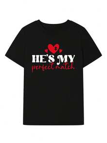 Valentine'S Day Matching Couple And Valentine'S Letter Print T-Shirt, Short Sleeve Crew Neck Casual Top For Summer & Spring, Women'S Clothing - 女款-黑色 - 查看 2