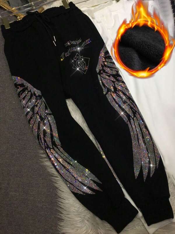 Damen Plus Größe High-Waisted Sweatpants mit Strass Flügel, Fleece gefüttert, elastische Taille mit Kordelzug, Non-Stretch Knit Polyester, geometrische Muster, Casual Daily Wear Jogger mit Taschen