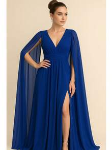 Long Bridesmaid Dress With Cape Sleeves, Party Guests, Terracotta, Marsala, Mint Green, Serenity Or Navy Blue - 藍色 - 查看 1