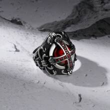 1pc Gothic Style Cross Ring, Fierce Ruby & Diamond Ring, Titanium Steel Crown Ring