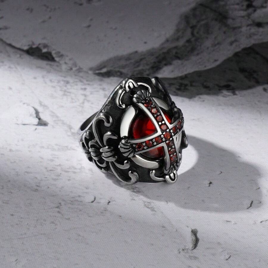 1pc Gothic Style Cross Ring, Fierce Ruby & Diamond Ring, Titanium Steel Crown Ring