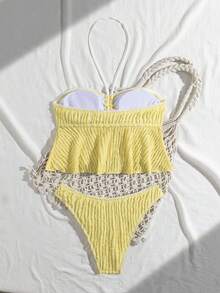Nuevo conjunto de mujer de moda para resort de playa con tela especial y adorno de encaje en color amarillo pálido - Amarillo - Ver 3