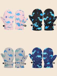 1 par de luvas infantis grossas e quentes de inverno com estampa de dinossauro em cores sólidas para atividades ao ar livre - Multicolorido - Ver 2