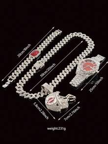 一套3D全钻橄榄球头盔吊坠项链、手链、手表套装，时尚奢华礼盒包装，适合送礼。 - 紅色 - 查看 3