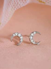 1pair Elegant & Delicate Faux Pearl Crescent Moon Stud Earrings - Antique Silver - View 9
