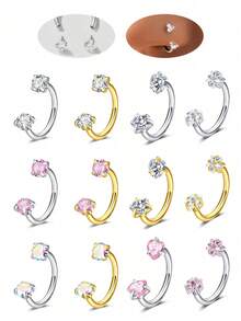 AVYRING 2 件不锈钢锆石马蹄形穿孔鼻耳肚脐环女式耳骨耳钉耳环耳甲穿孔饰品 - 彩色 - 查看 1