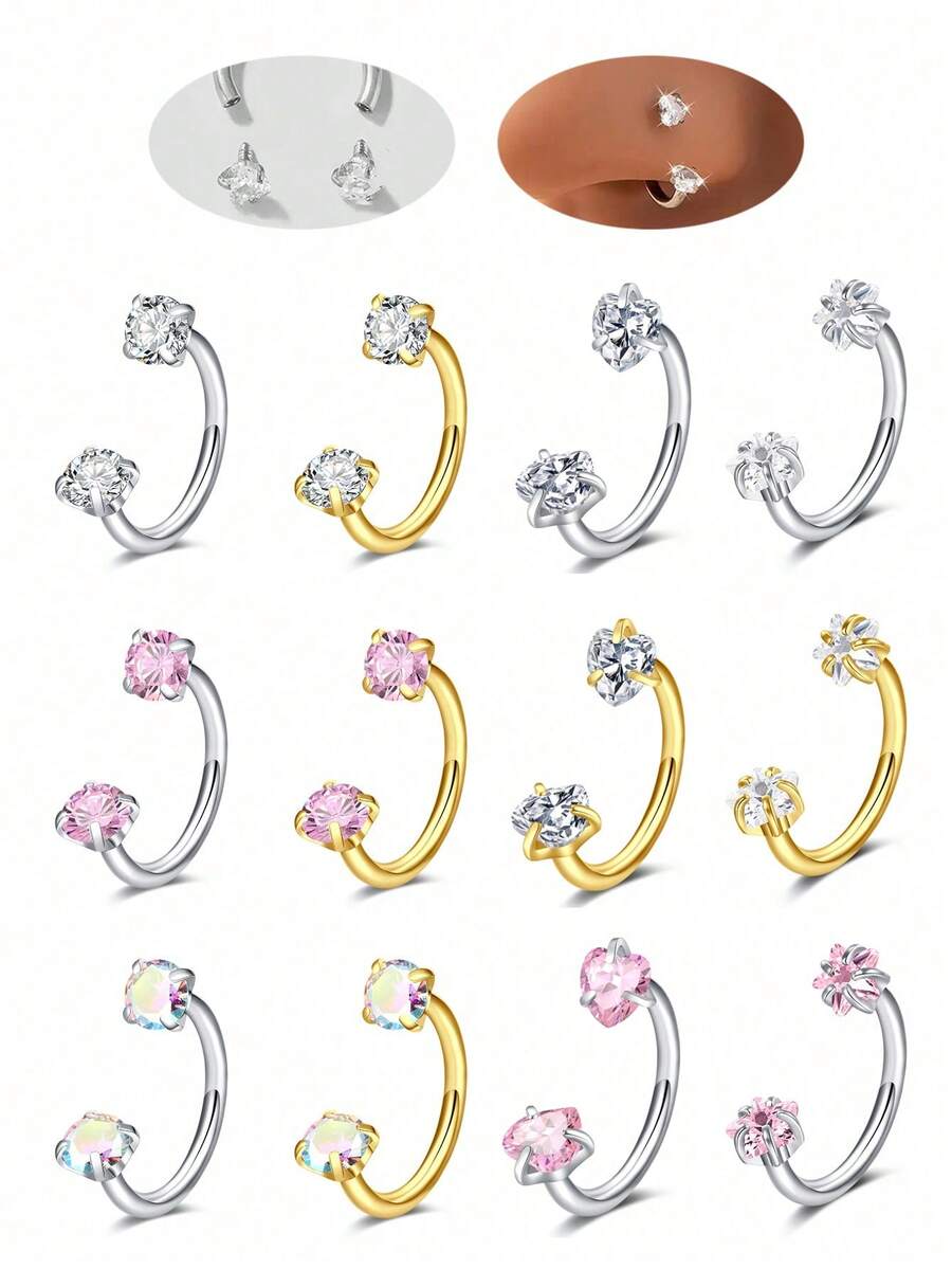 AVYRING 2 件不锈钢锆石马蹄形穿孔鼻耳肚脐环女式耳骨耳钉耳环耳甲穿孔饰品 - 彩色 - 查看 1