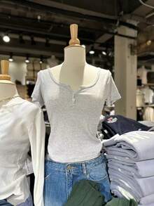 Y2K Style Fitted Solid Color Crew Neck Short Sleeve T-Shirt For Women, Suitable For Back To School, Beach Travel And Casual Wear - Light Grey - View 10