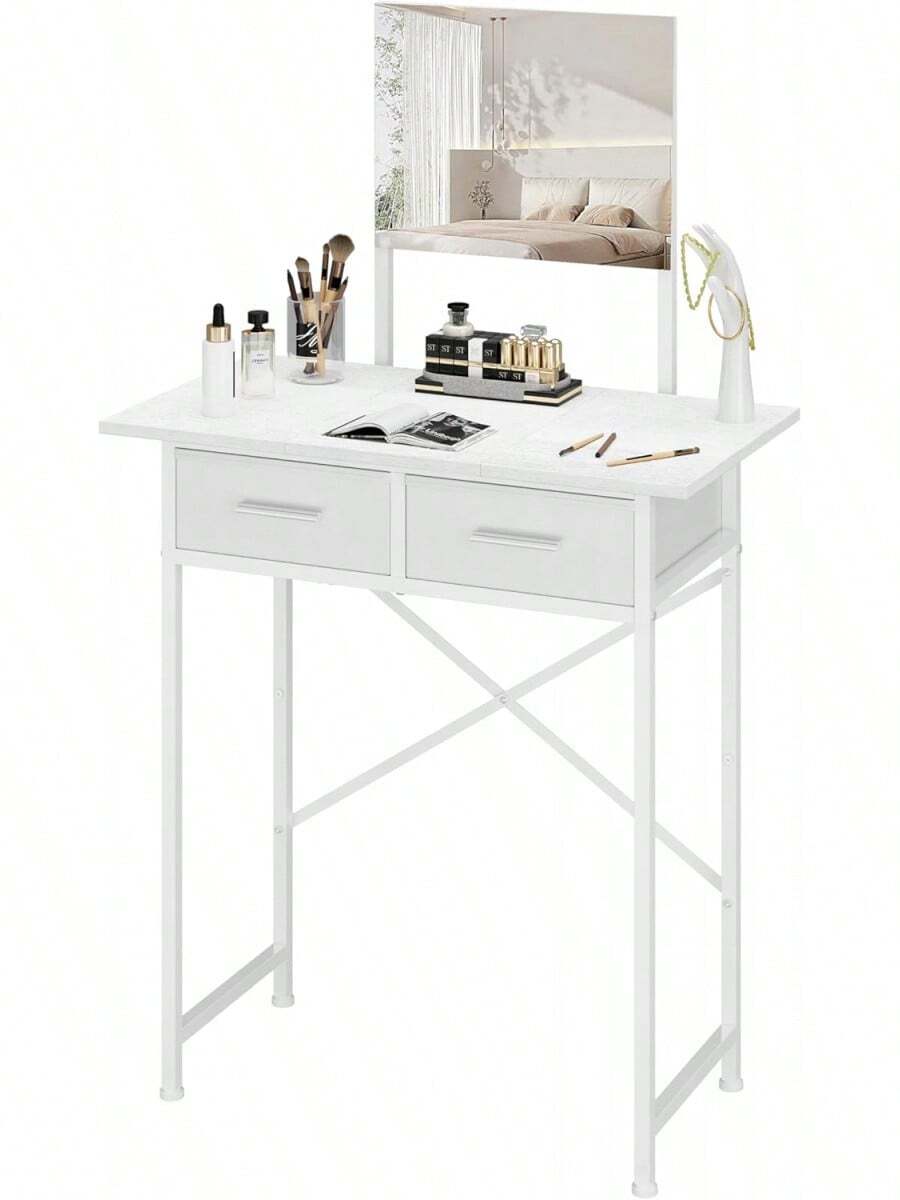 Tocador pequeño con espejo y cajones, tocador de maquillaje blanco con almacenamiento, tocador compacto para dormitorio, escritorio de maquillaje moderno para niñas, tocador ahorra espacio - 1 - Ver 1
