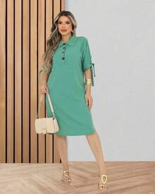 3/4 Sleeve Loose Shirt Dress With Button And Adjustable Sleeve Elegant Fashion - Mint Green - View 2