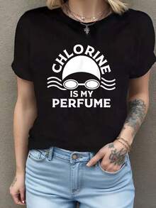 Camisetas de algodón de calidad con cuello redondo para hombres y mujeres que practican deportes acuáticos. Diseños divertidos de natación. Camiseta de manga corta de algodón de 220 g, impresión por una cara - Negro - Ver 1