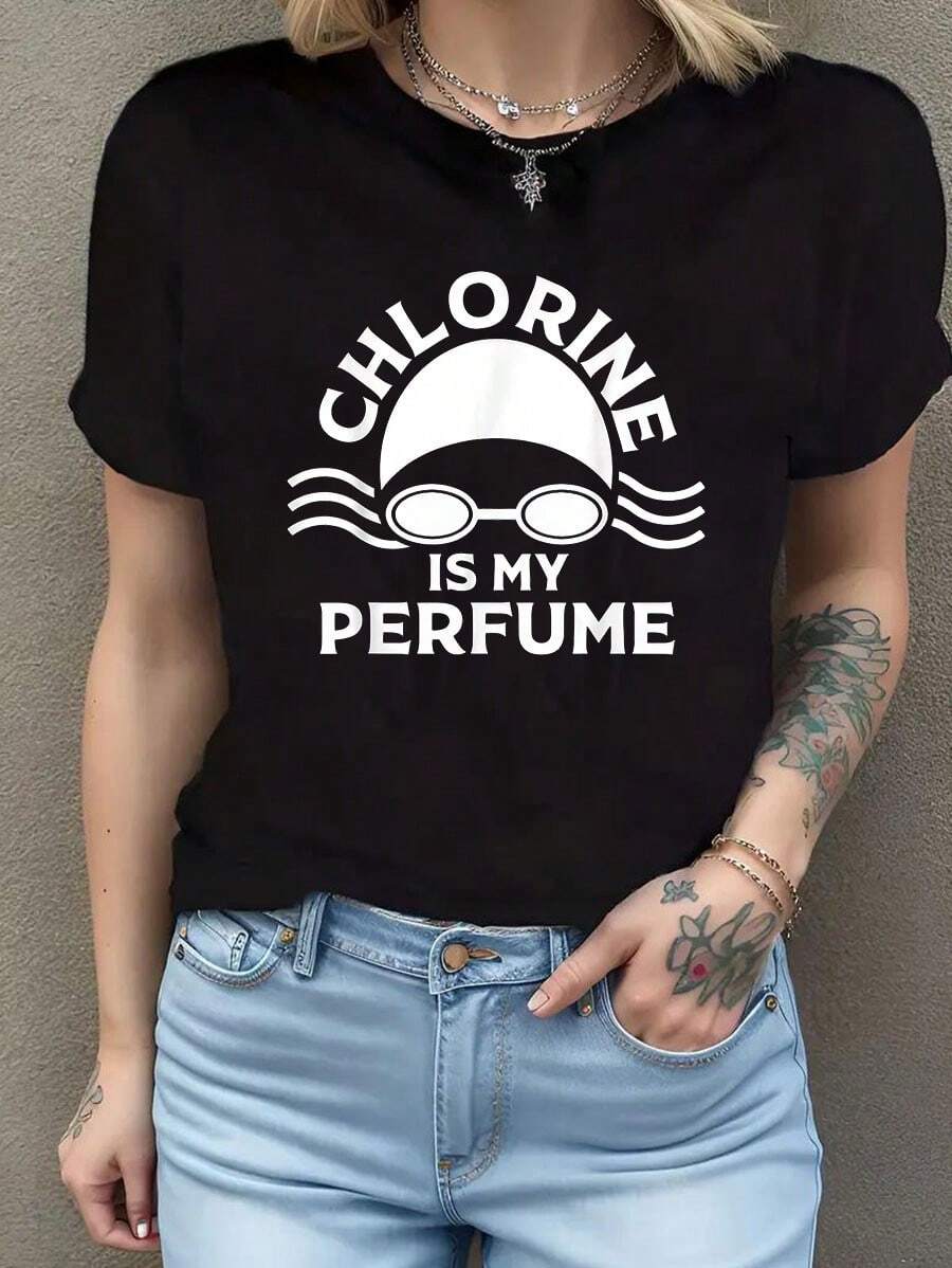 Camisetas de algodón de calidad con cuello redondo para hombres y mujeres que practican deportes acuáticos. Diseños divertidos de natación. Camiseta de manga corta de algodón de 220 g, impresión por una cara - Negro - Ver 1