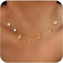 CAROVO Gold Initial Charm Necklace Women Letter A-Z Necklace 14K Gold Plated Charm Pendant Necklace Boho Summer Seashell Beach Starfish Surfer Jewelry - b - Xem 1