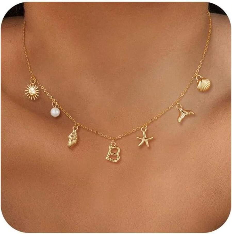 CAROVO Gold Initial Charm Necklace Women Letter A-Z Necklace 14K Gold Plated Charm Pendant Necklace Boho Summer Seashell Beach Starfish Surfer Jewelry - b - Xem 1