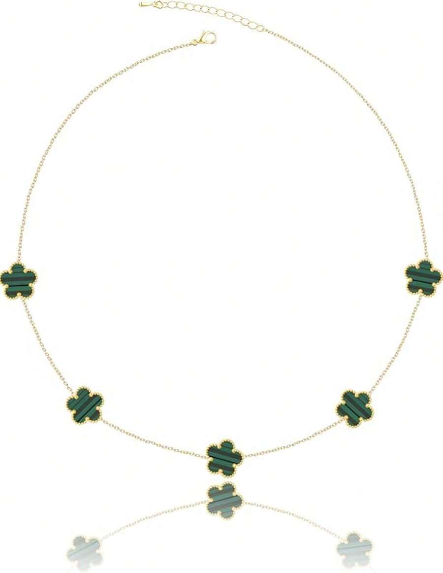 14K Gold Plated Four Leaf Clover Pendant Necklace Women Lucky Flower Jewelry - Green Stripe-14K Gold Plated - View 1