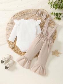 新生儿三件套服装：休闲可爱优雅白色长袖连体衣、驼色刺绣蝴蝶结连体裤和蝴蝶结发带，夏季日常穿搭 - 駝色 - 查看 9