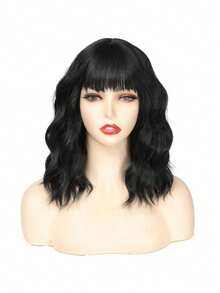 14" Black  Short Curly Bob Wig With Bangs For Women - Matte Heat-Resistant Fiber | Breathable Rose Net | Women Christmas Holiday Daily Wear - Black - View 6