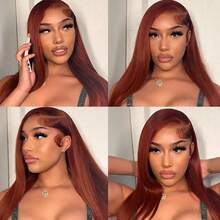 MEGALOOK Reddish Brown Silky Straight 13x6 Lace Front Wig - 100% Real Virgin Remy Human Hair Lace Front Wig Pre-Plucked Hairline Pre-Bleached Knots Pre-Cut Ear To Ear Transparent Lace Wig - S33 - View 4