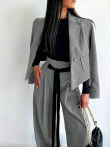 2 Pieces Set: Elegant Vintage Design Loose Blazer Jacket And Wide Leg Pants, Solid Color, Commuter Style, Autumn/Winter 2025 Christmas Collection