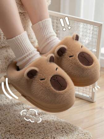 女士舒适温暖毛绒拖鞋，卡通情侣户外休闲遛狗毛绒拖鞋，秋冬
