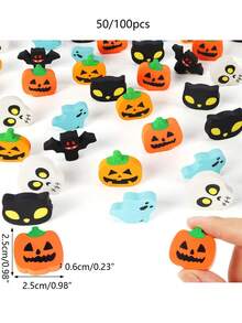 50/100 piezas de gomas de borrar mini de Halloween, gomas de borrar de lápiz con diseños de calabaza, fantasma y murciélago a granel para regalos, recompensas, bolsas de regalo de fiesta de Halloween, decoración de Halloween - Multicolor - Ver 3