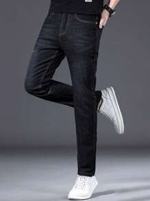 Pantalon Hombre Vaqueros de Casual y Comodidad de Pierna Recta, Jeans Para Hombres de Diseño Clásico Sueltos Vaqueros de Corte Cómodo, Pantalones de Hombre Vaqueros Elásticos a la Moda - Negro - Ver 3