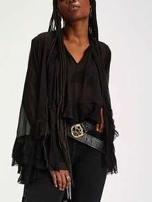 Women's Ruffled Tops Bow Tie Design Long Sleeve Peplum Lace Trim Chiffon Shirt Sheer V Neck Boho Ruffle Beach Blouse - 黑色 - 查看 2