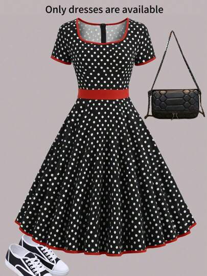 Elegant Square Neck Short Sleeve Polka Dot Zip Up Pleated Dress For Women, Summer